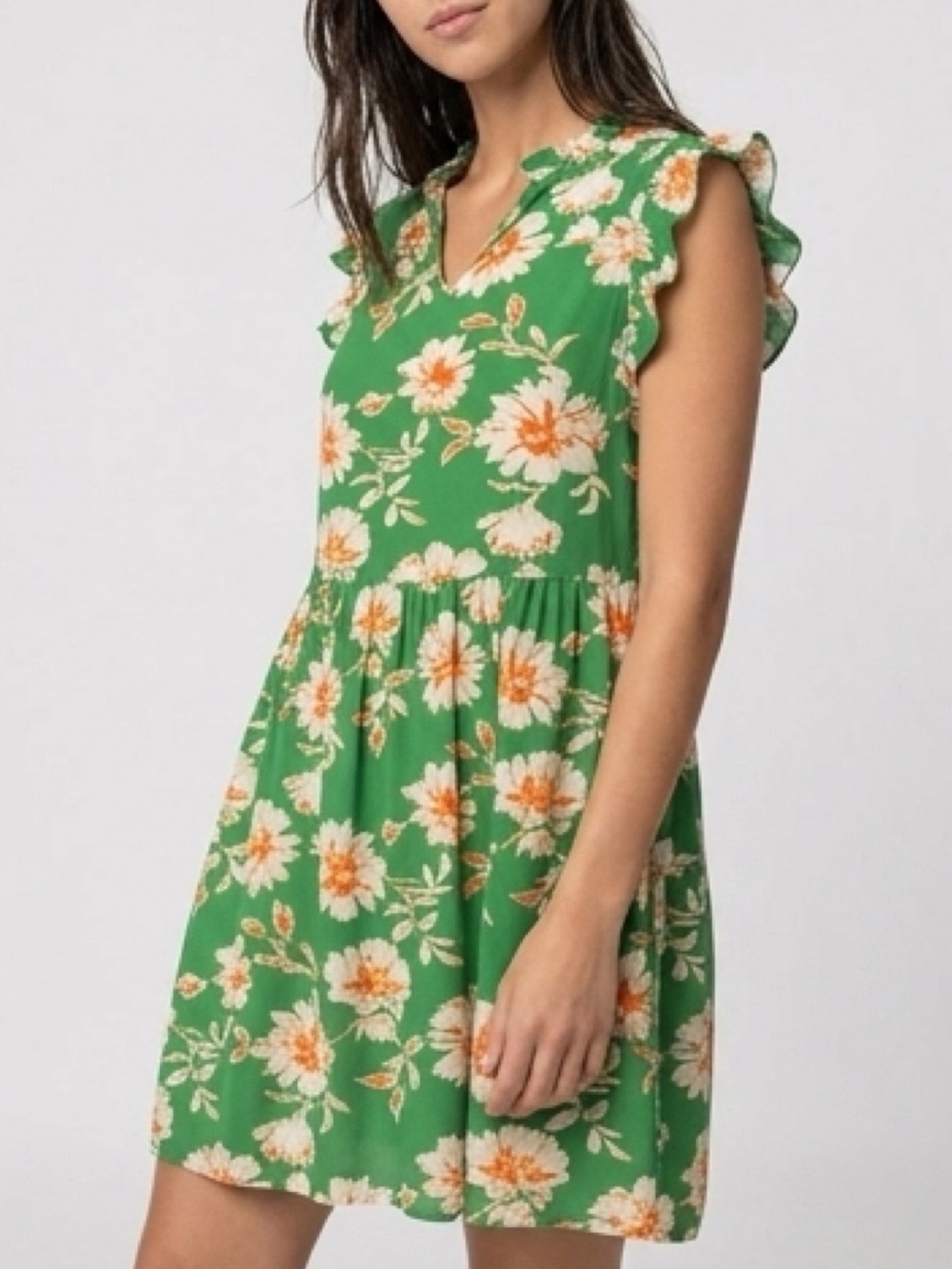 🎀 Green Floral Ruffle Sleeve sundress